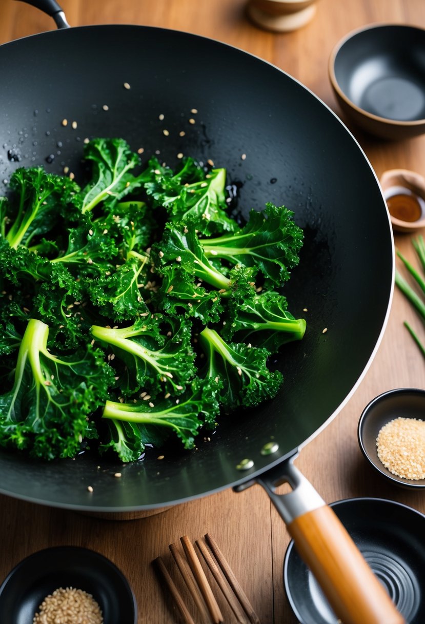 A wok sizzles with vibrant green kale, glistening with sesame oil and seeds, surrounded by traditional Asian cooking utensils