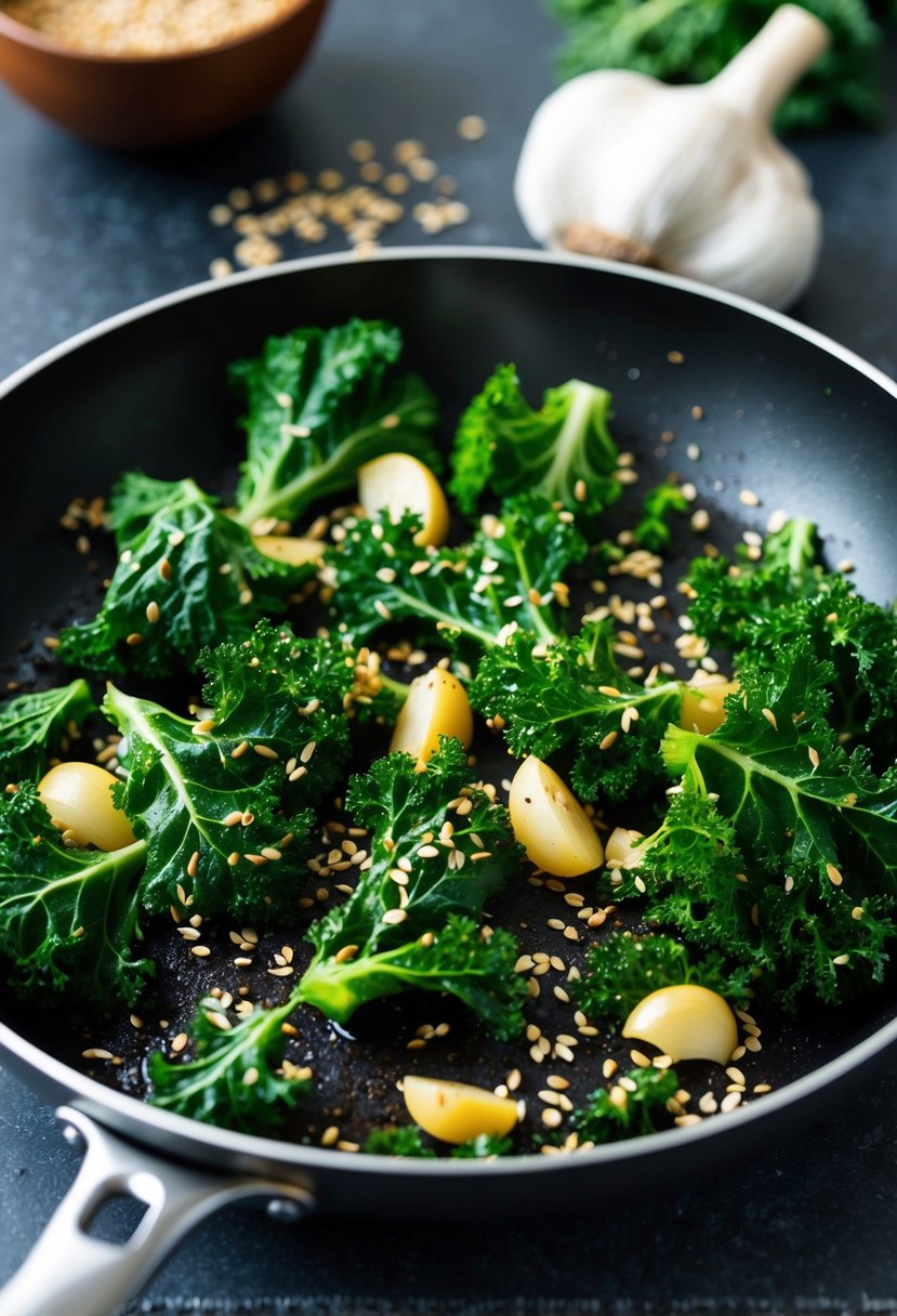 A sizzling pan of kale leaves coated in toasted sesame seeds and garlic, emitting a savory aroma