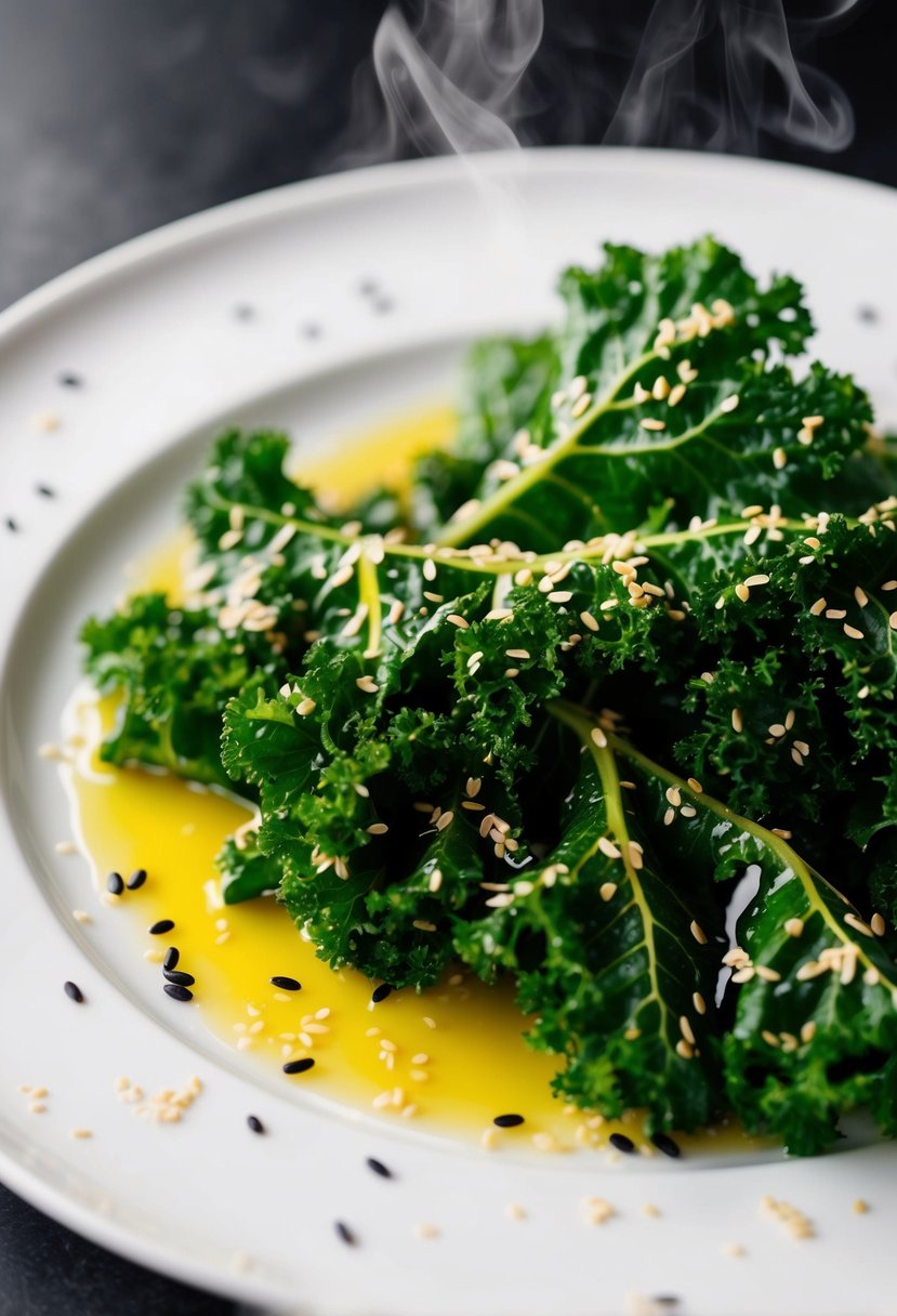 A steaming plate of kale drizzled with sesame oil, surrounded by scattered sesame seeds and a hint of steam rising from the leaves