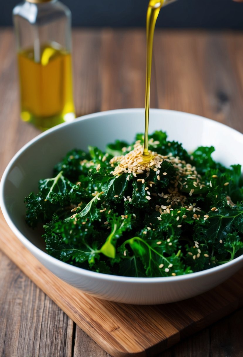 A bowl of sautéed kale with sesame seeds and a drizzle of sesame oil on a wooden table