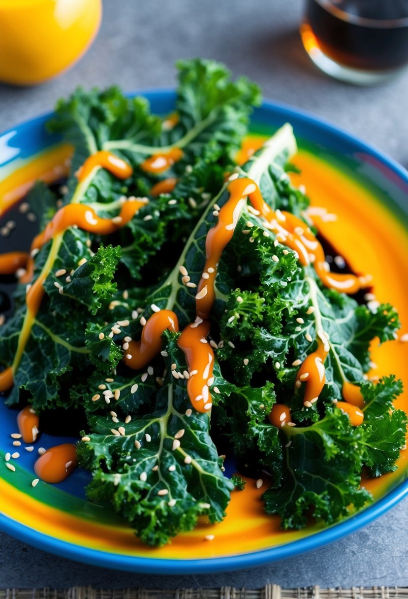 A colorful plate with vibrant green kale leaves drizzled in soy sauce and sprinkled with sesame seeds