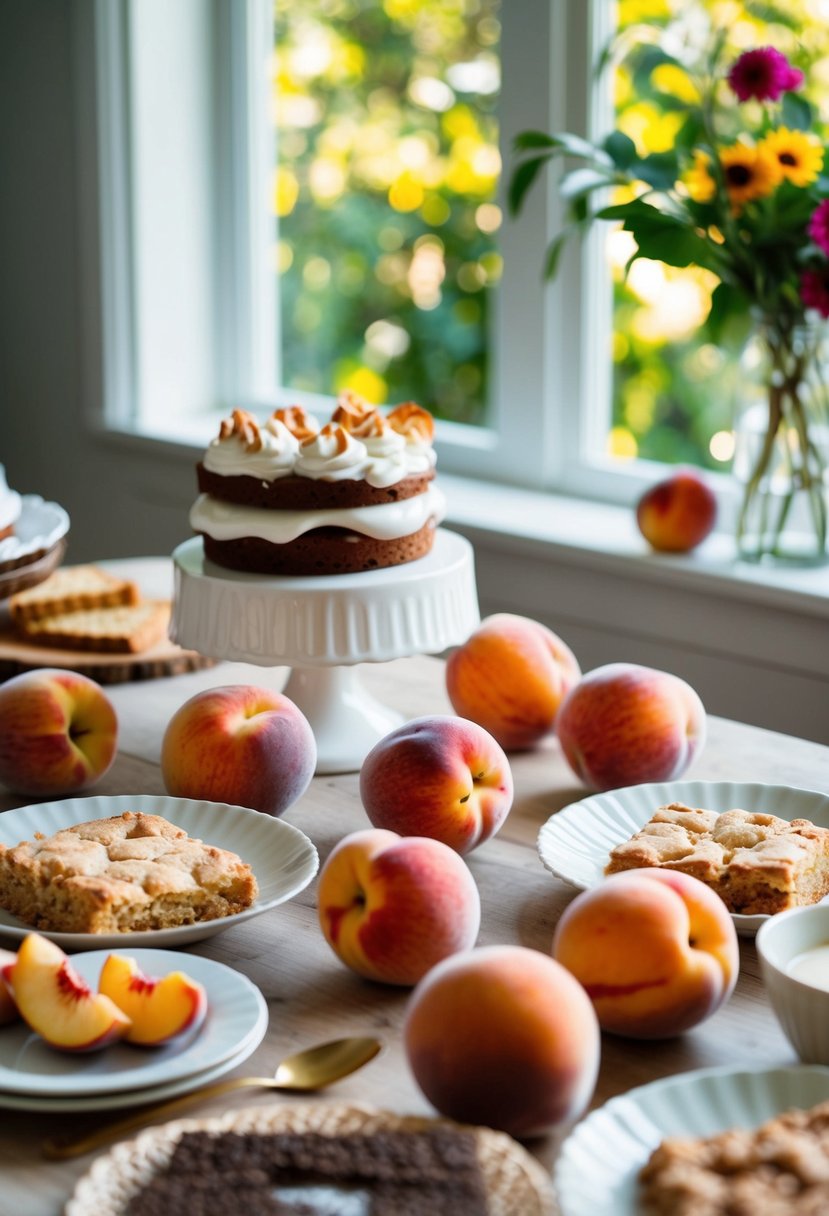 A table filled with fresh peaches, cake mixes, and dessert recipes