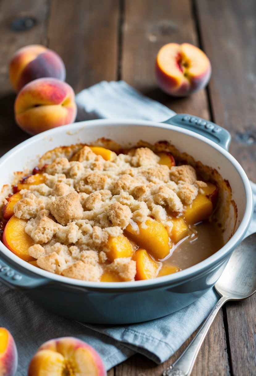 A fresh peach cobbler with a crumbly cake mix topping, served in a rustic baking dish on a wooden table