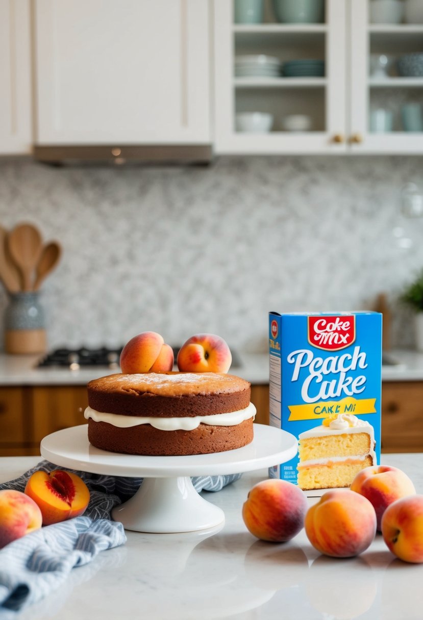 A kitchen counter with a freshly baked peach cake surrounded by ripe peaches and a box of cake mix