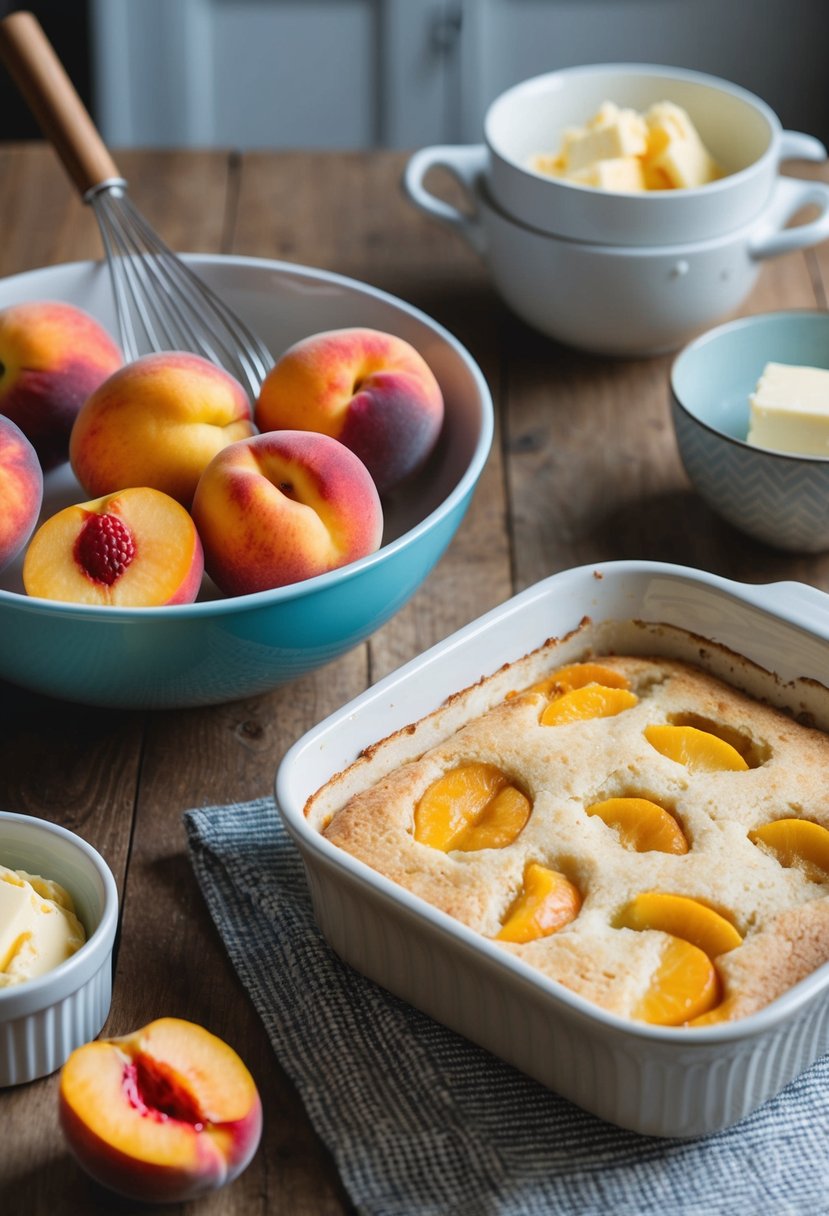 A mixing bowl with peaches, cake mix, and butter. A baking dish with peach cobbler fresh out of the oven