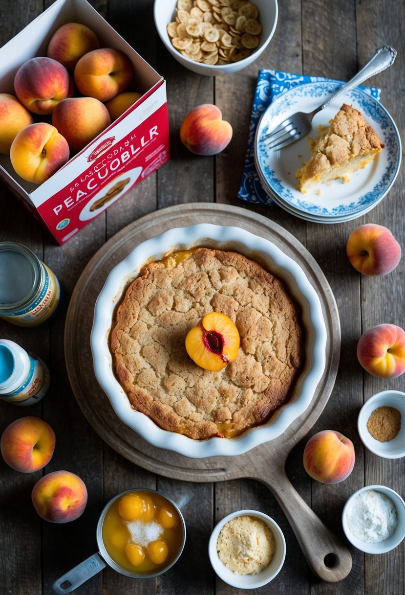 A rustic kitchen table with a freshly baked peach cobbler dump cake surrounded by ingredients and cake mixes