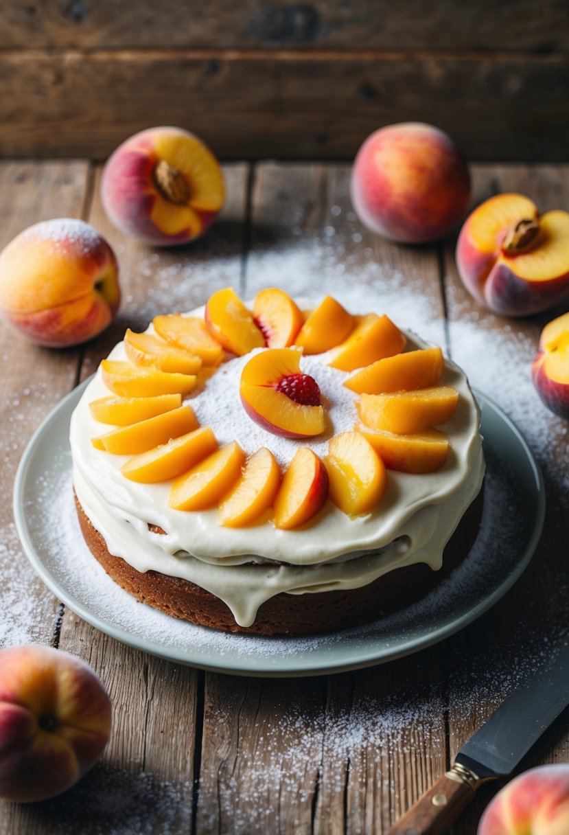 A peach cake with cream cheese frosting sits on a rustic wooden table, surrounded by fresh peaches and a scattering of powdered sugar