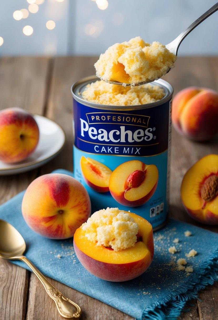 A can of peaches sits open, with golden cake mix sprinkled on top, ready to be baked into a delicious dessert