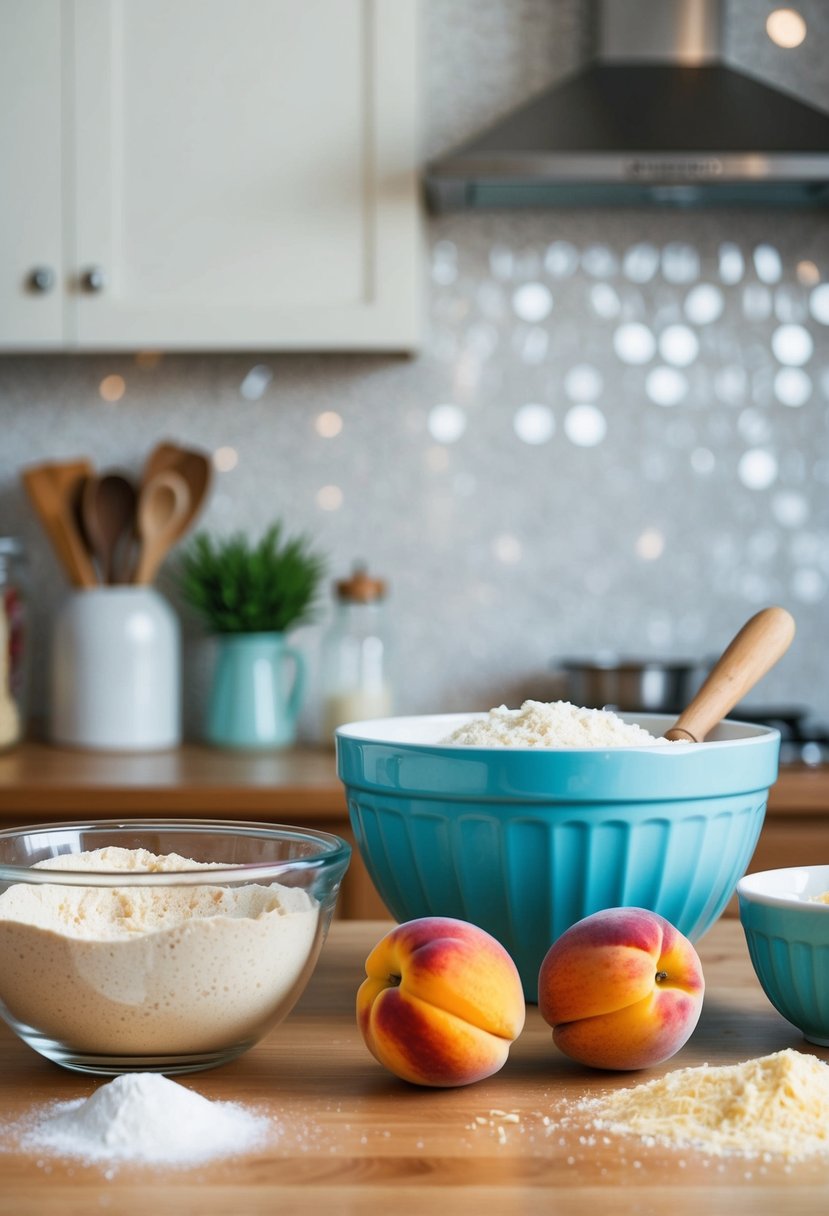 A kitchen counter with a mixing bowl, peaches, cake mix, and other baking ingredients scattered around