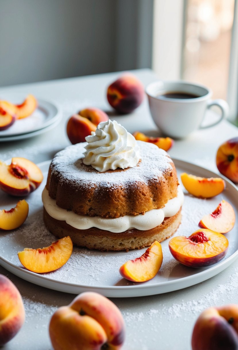 A peach cake sits on a white plate with a dollop of whipped cream on top, surrounded by fresh peach slices and a dusting of powdered sugar