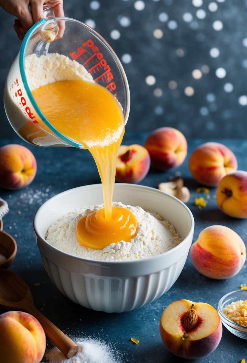 A peach cake mix being poured into a mixing bowl with fresh peaches and other ingredients scattered around