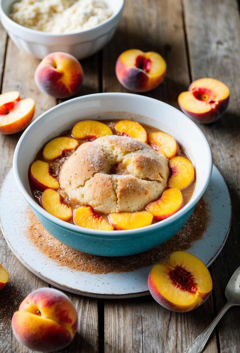 A fresh peach cobbler sits on a rustic wooden table, sprinkled with cinnamon-sugar and surrounded by peach slices and cake mix