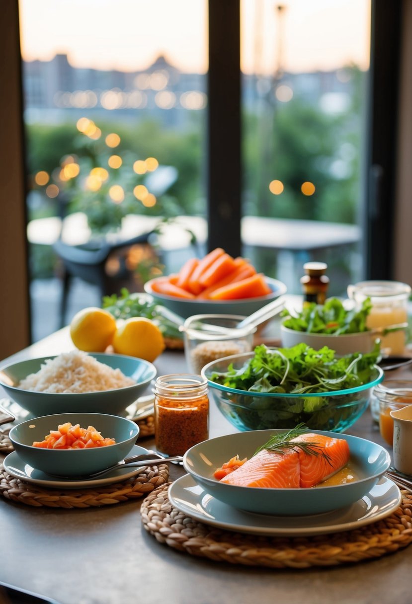 A table set with ingredients and utensils for making salmon crochet recipes