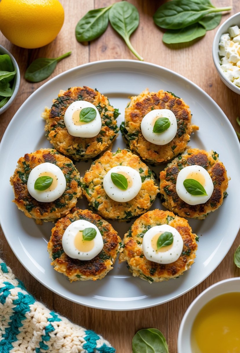 A plate of golden brown spinach and feta salmon cakes, surrounded by ingredients and a crochet pattern for salmon