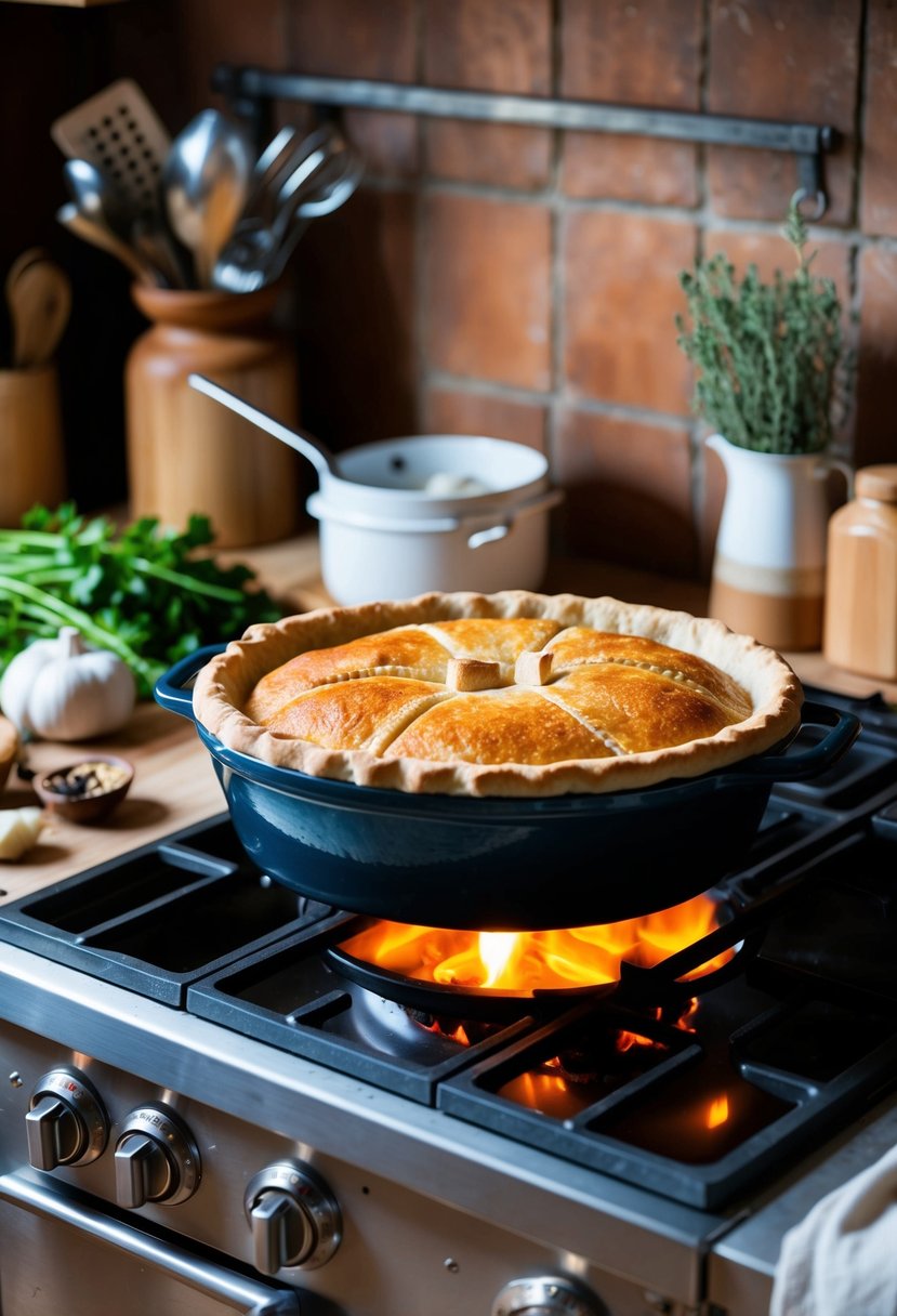 A rustic kitchen with a bubbling dutch oven pie on a wood-burning stove, surrounded by fresh ingredients and cooking utensils