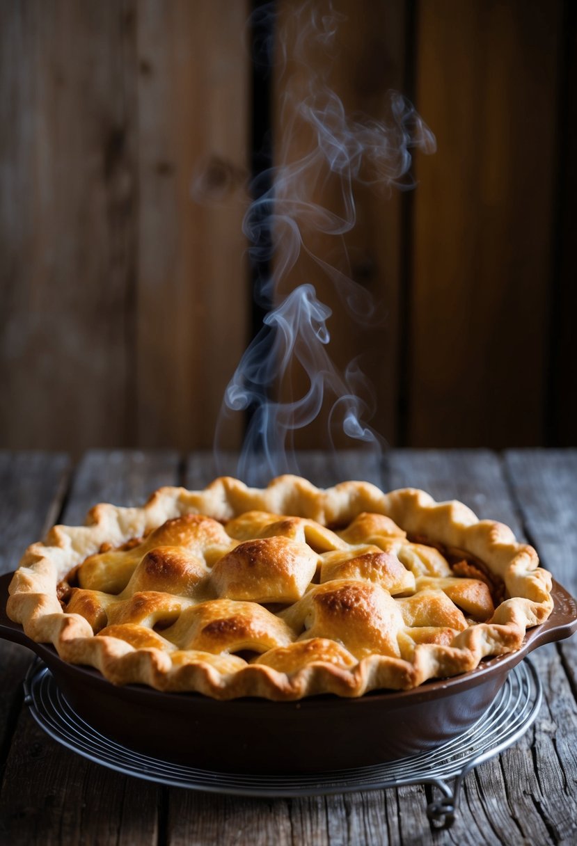 A golden-brown apple pie with a flaky, buttery crust sits in a rustic Dutch oven, steam rising from the bubbling filling