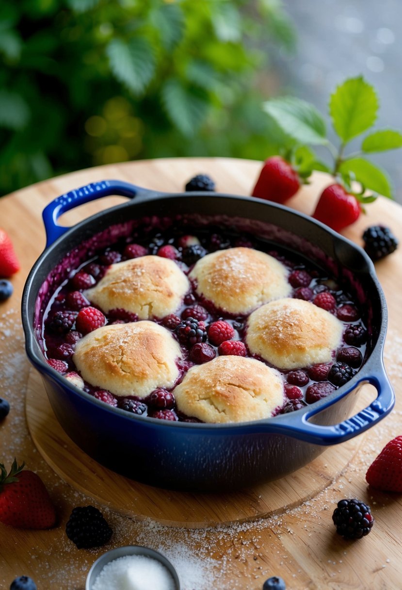 A dutch oven filled with bubbling berry cobbler, surrounded by fresh summer berries and a scattering of sugar