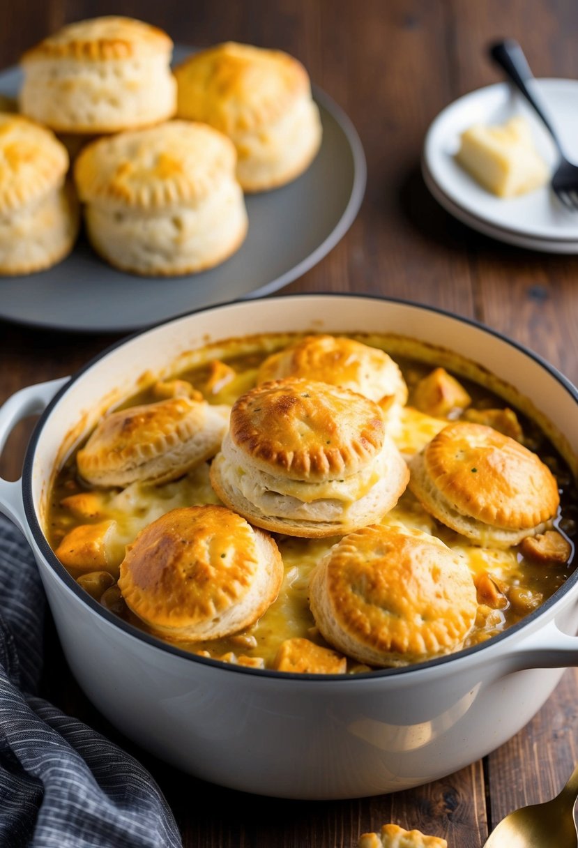 A bubbling dutch oven filled with chicken pot pie topped with golden, flaky biscuits