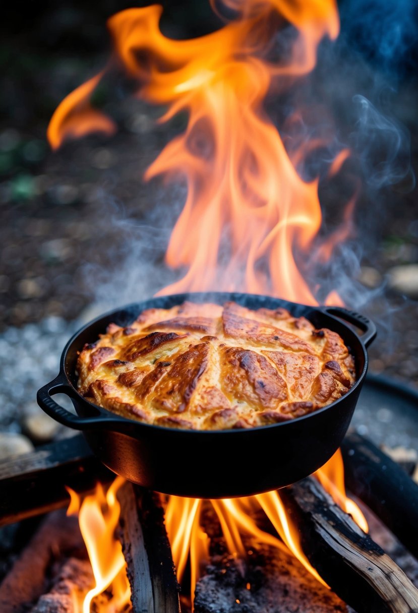 A bubbling Dutch oven sits on the campfire, steam rising from the golden brown crust of a hearty meat pie. The firelight dances on the surface, casting a warm glow over the scene