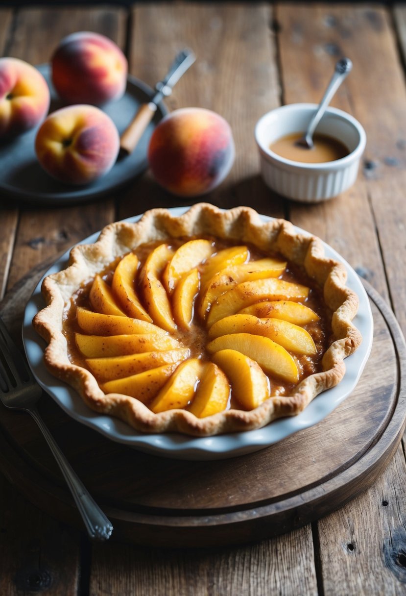 A fresh peach pie with a golden, flaky crust sits on a rustic wooden table, drizzled with a fragrant cinnamon glaze