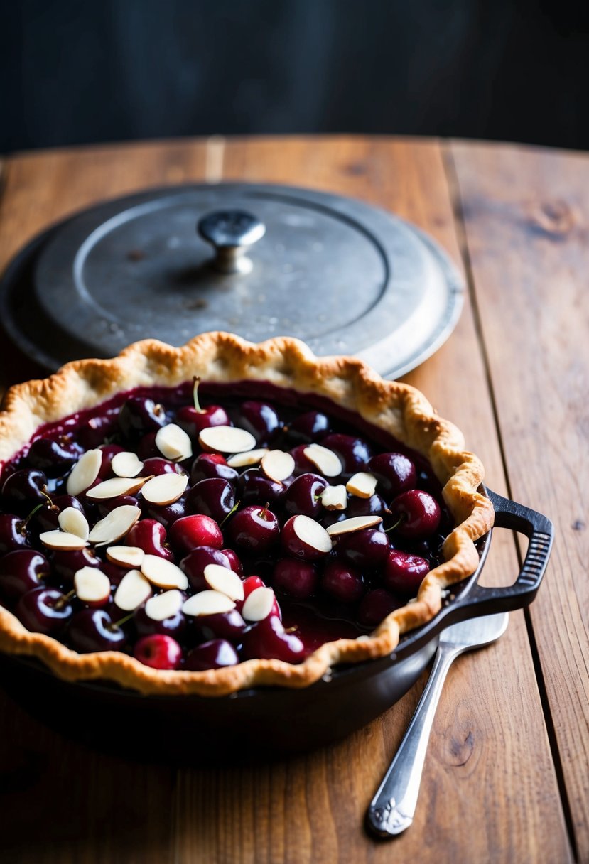 A rustic dutch oven sits on a wooden table, filled with a freshly baked cherry pie topped with sliced almonds