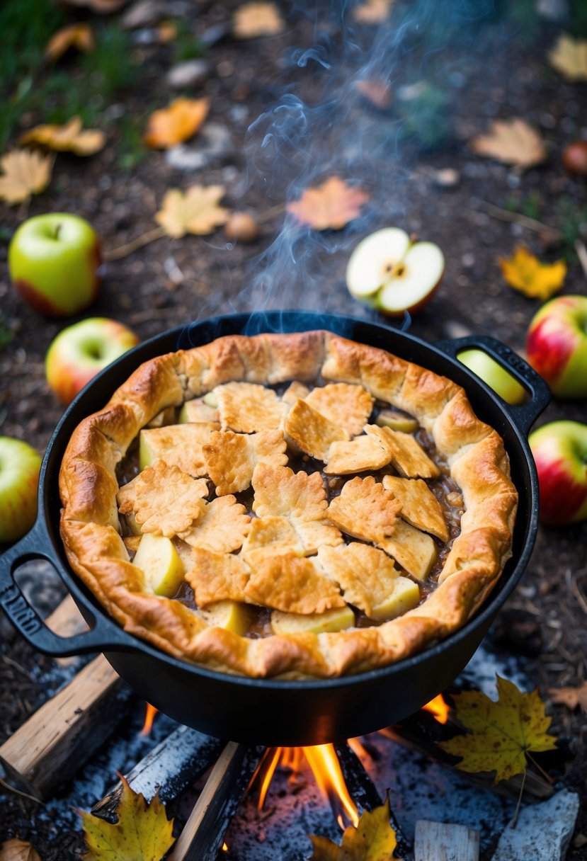 A dutch oven sits on a campfire, filled with bubbling rustic wild apple pie. Surrounding it are scattered apple cores and a scattering of autumn leaves