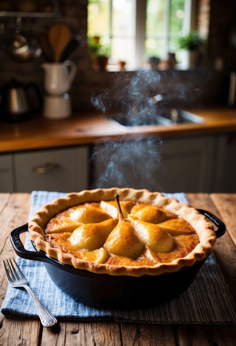 A dutch oven sits on a rustic wooden table, filled with a golden-brown caramelized pear pie. The sweet aroma fills the cozy kitchen