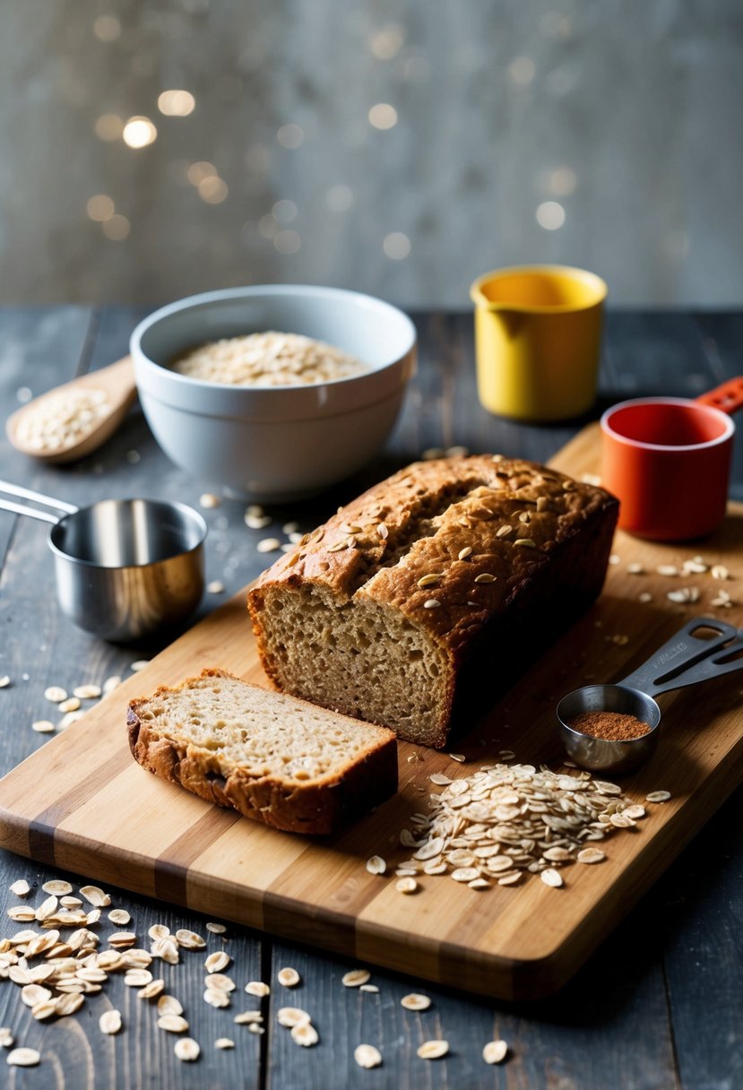 A wooden cutting board with scattered oats, a mixing bowl, measuring cups, and a loaf of freshly baked oat bread