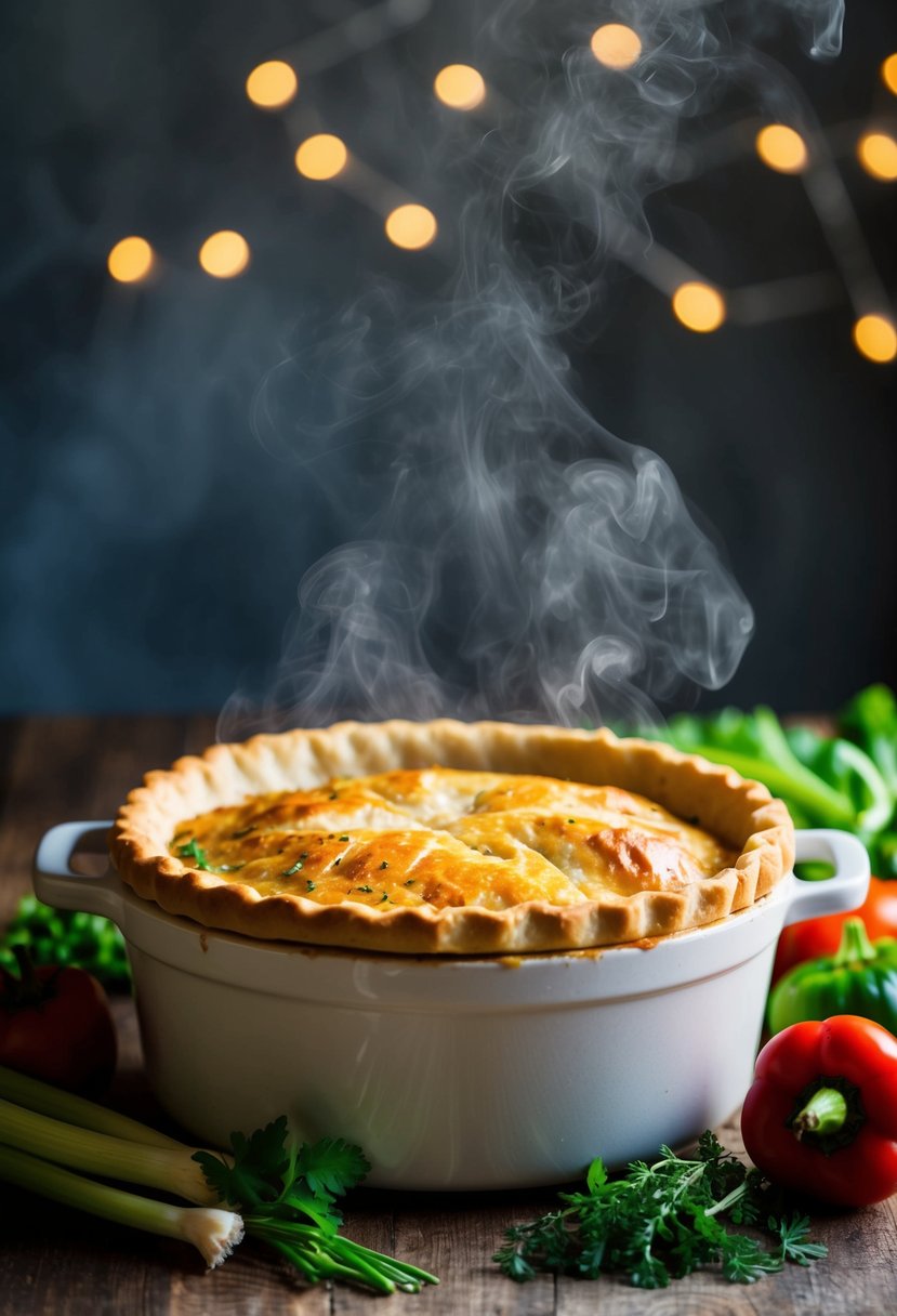 A steaming dutch oven pot pie surrounded by fresh vegetables and herbs