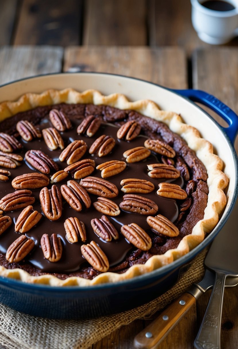 A dutch oven sits on a rustic table, filled with a rich chocolate pecan pie. The pie is topped with a layer of pecans and drizzled with chocolate sauce