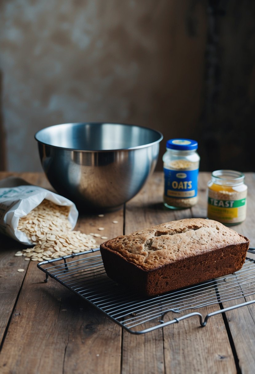 A rustic kitchen scene with a wooden table, a mixing bowl, a bag of oats, a jar of yeast, and a loaf of oat bread cooling on a wire rack