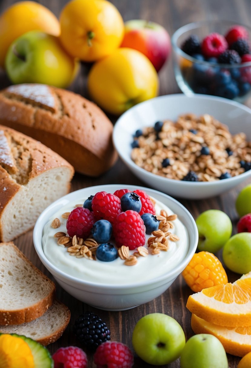 A table set with a variety of colorful fruits, whole grain bread, and a bowl of yogurt topped with granola and berries