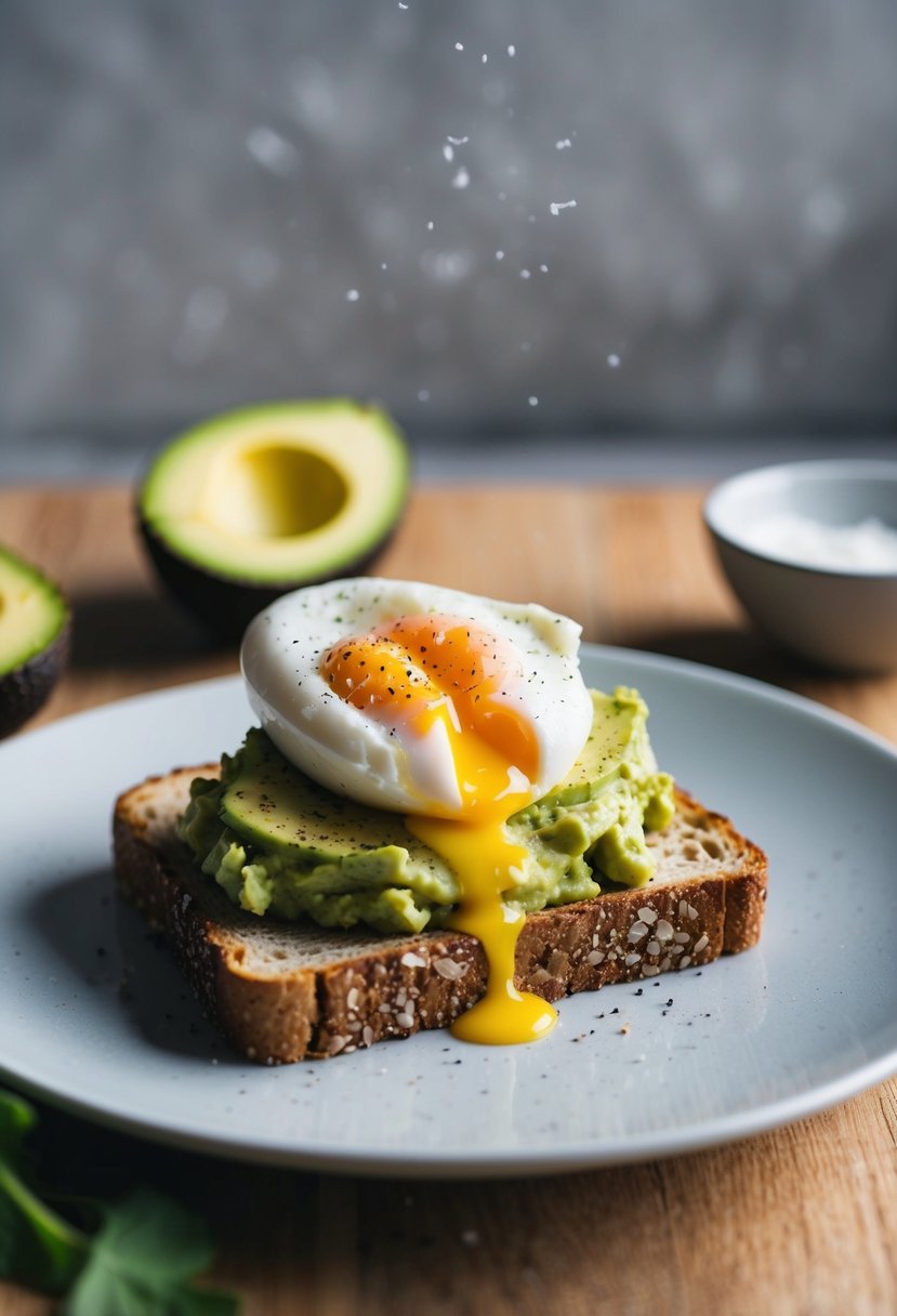 A slice of whole grain toast topped with mashed avocado and a perfectly poached egg, sprinkled with a pinch of salt and pepper