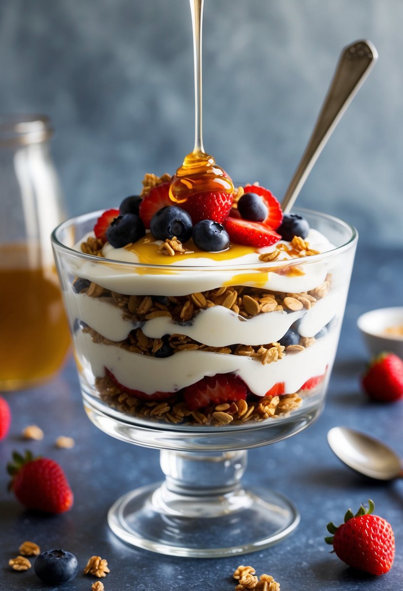 A clear glass parfait dish filled with layers of Greek yogurt, fresh berries, and granola, topped with a drizzle of honey