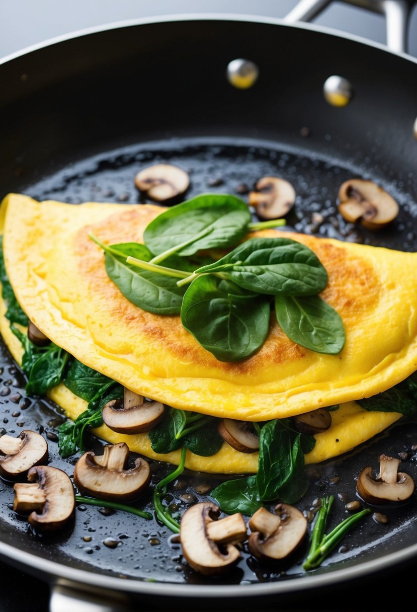 A sizzling omelette cooking in a pan, filled with fresh spinach and sautéed mushrooms