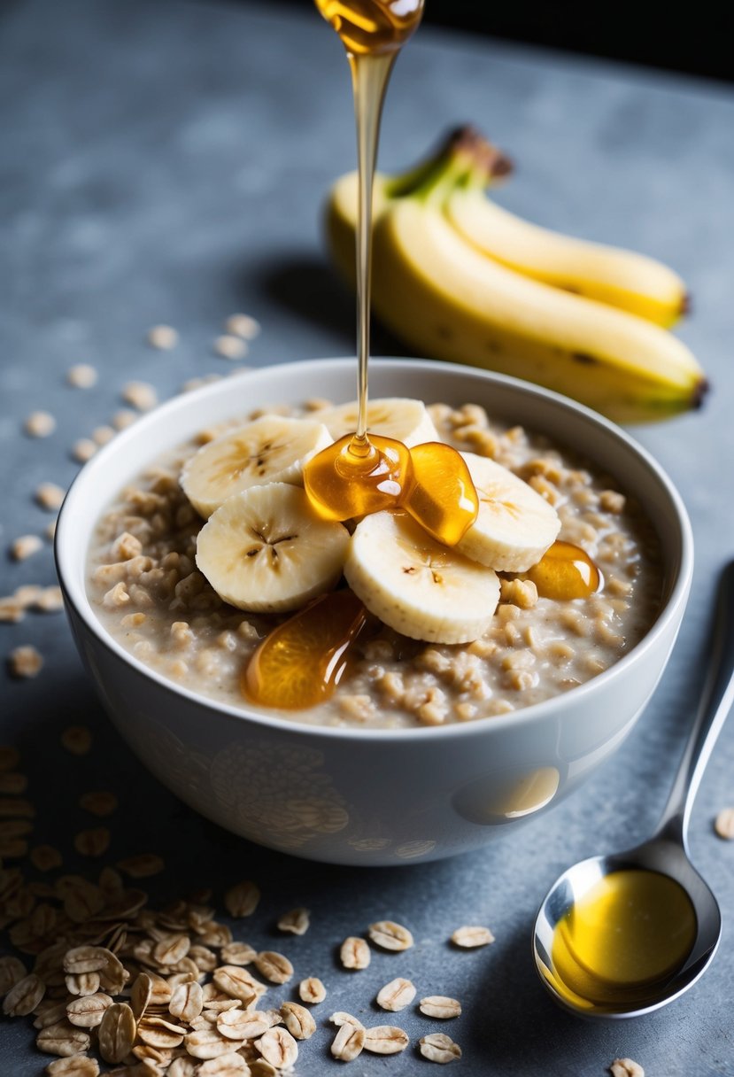 A bowl of oatmeal topped with sliced bananas and drizzled with honey, surrounded by a few scattered oats and a spoon