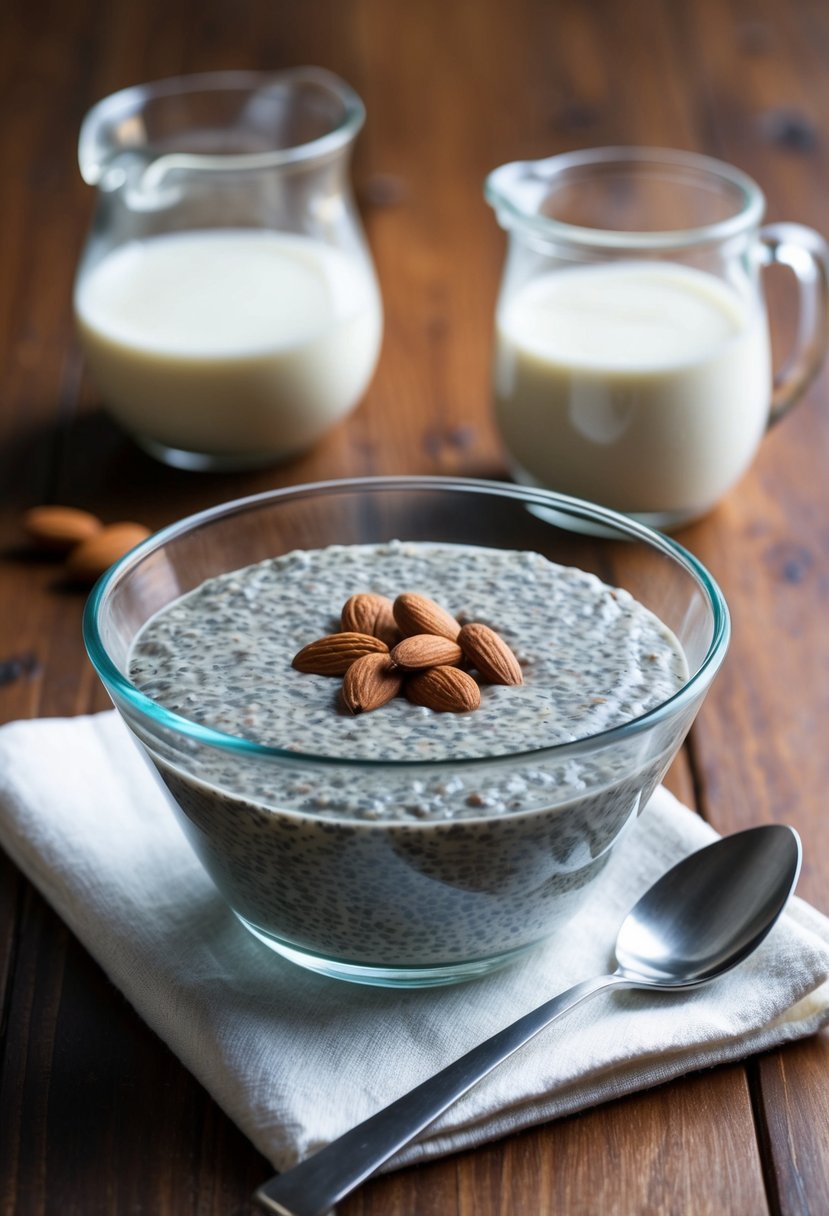 A glass bowl of chia seed pudding sits on a wooden table, accompanied by a small pitcher of almond milk and a spoon