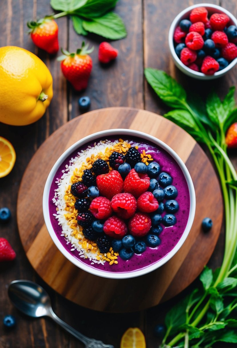 A vibrant smoothie bowl topped with a colorful array of mixed berries, surrounded by fresh ingredients and utensils on a wooden table