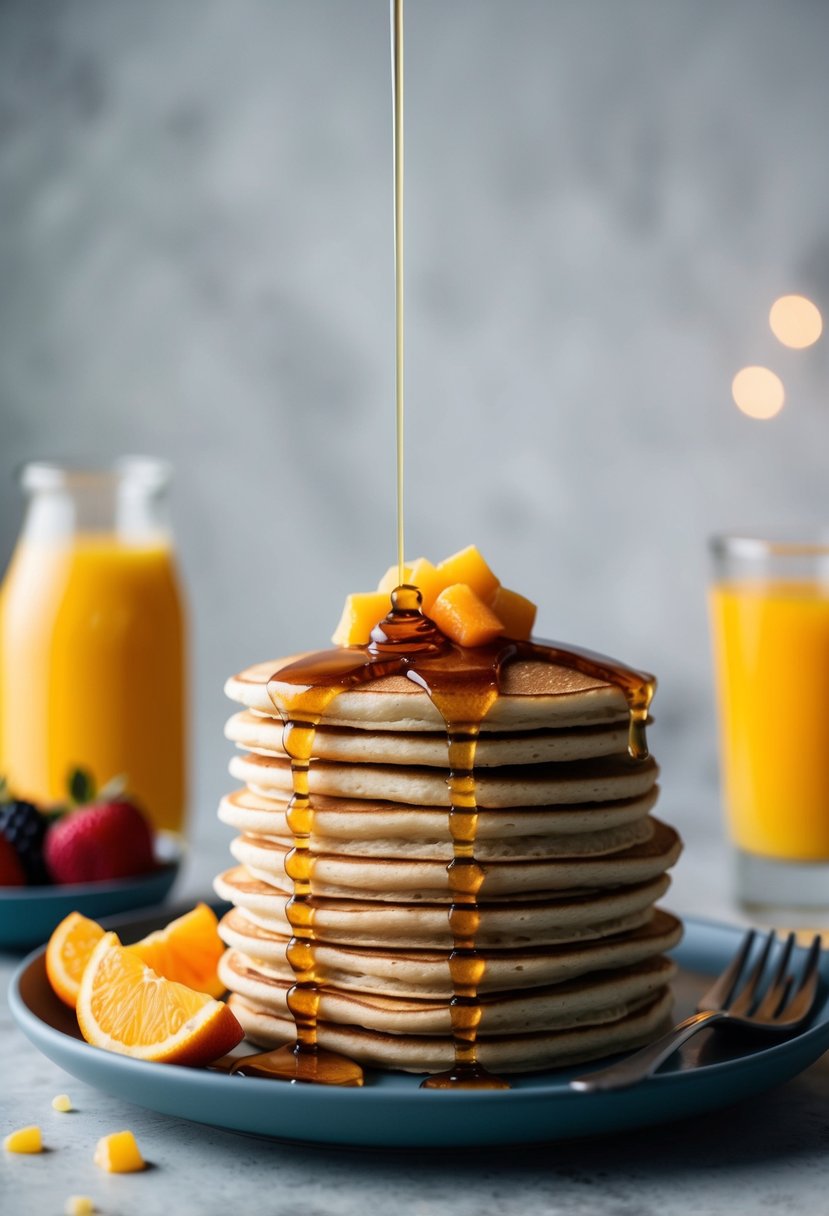 A stack of whole grain pancakes with a drizzle of maple syrup, accompanied by a side of fresh fruit and a glass of orange juice