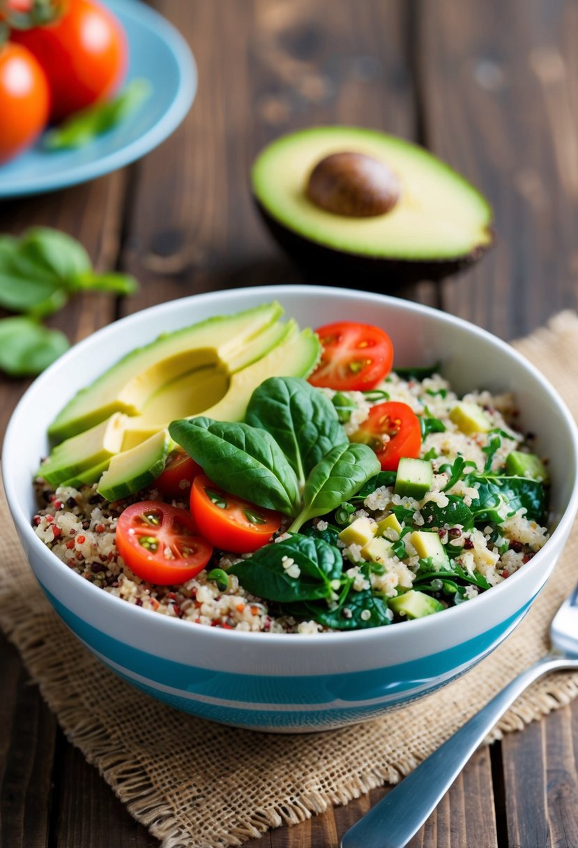 A colorful bowl filled with quinoa, topped with a variety of fresh vegetables like tomatoes, spinach, and avocado, sitting on a wooden table