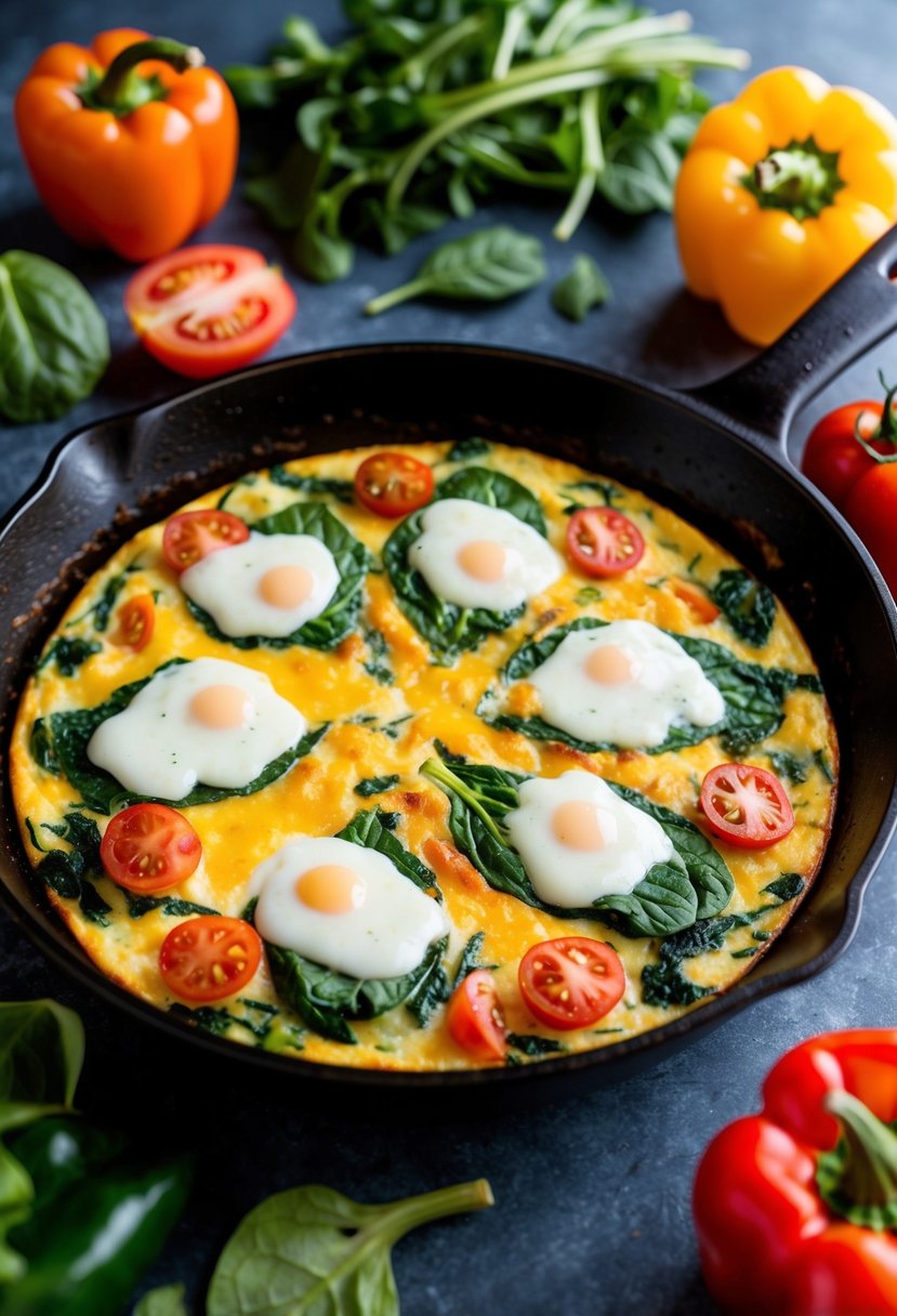 A sizzling vegetable frittata with melted cheese in a skillet, surrounded by colorful fresh ingredients like spinach, tomatoes, and bell peppers