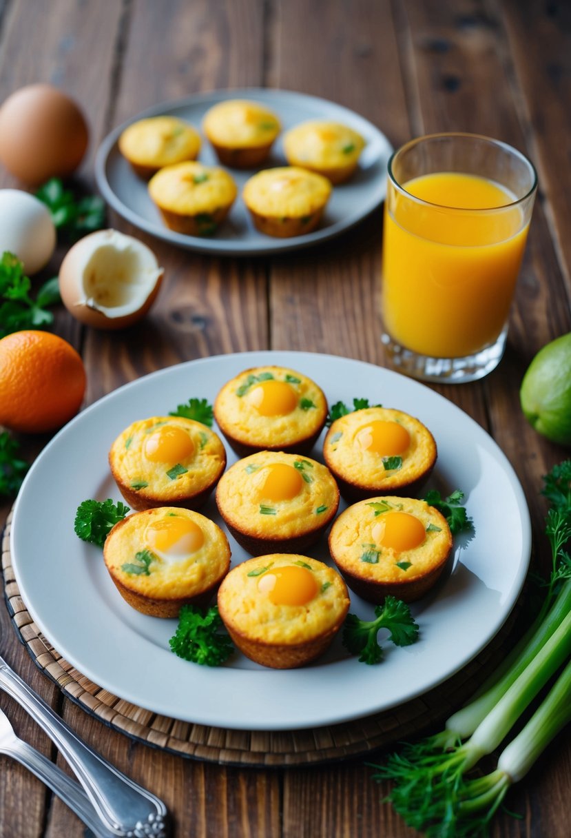 A plate of protein-packed egg muffins surrounded by fresh vegetables and a glass of orange juice on a wooden breakfast table