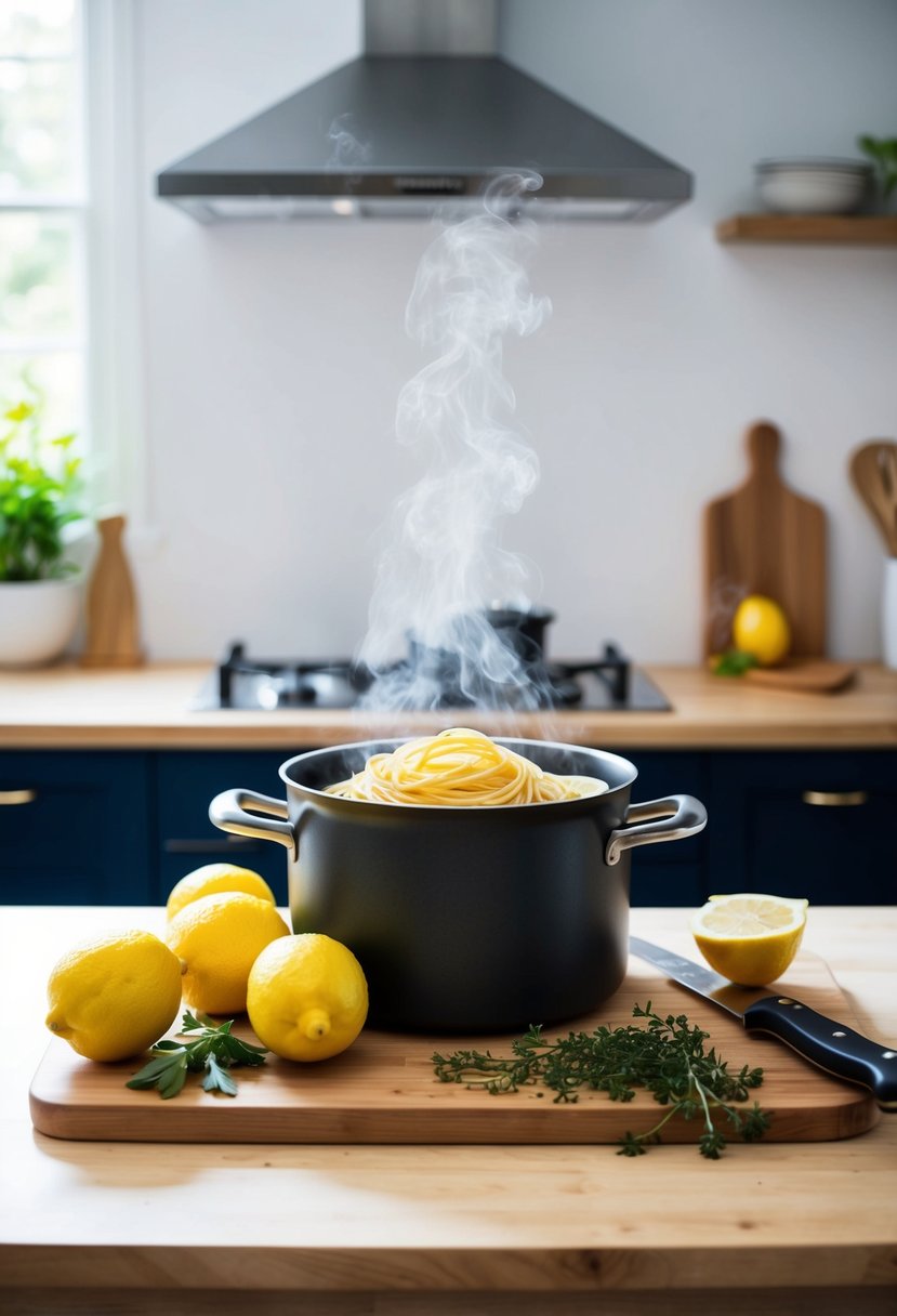 A bright kitchen with a pot of steaming pasta, fresh lemons, and herbs on a wooden cutting board. A chef's knife and lemon squeezer sit nearby