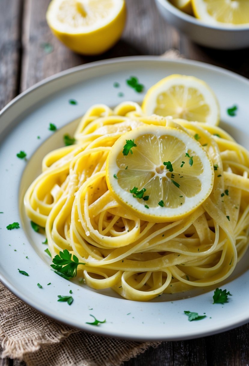 A plate of creamy lemon butter fettuccine sits on a rustic wooden table, garnished with fresh lemon slices and a sprinkle of chopped parsley