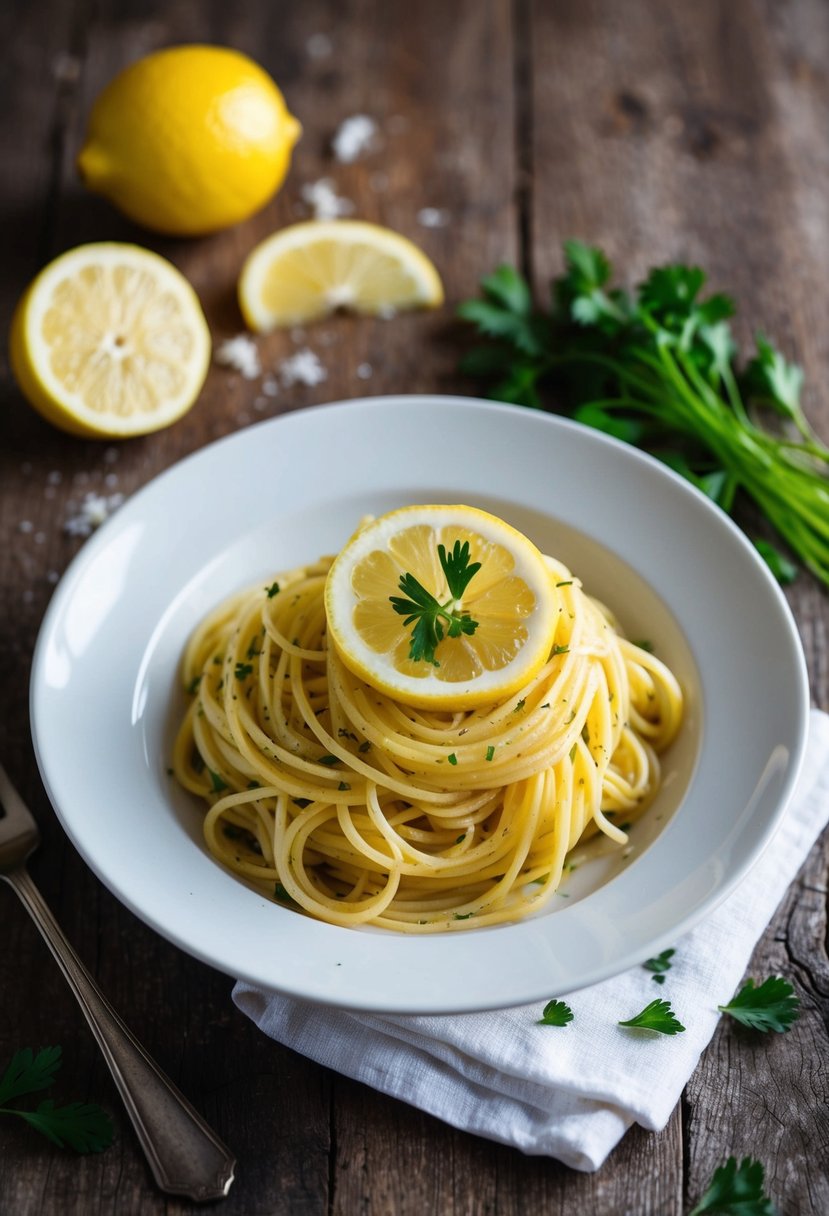 A steaming plate of garlic lemon spaghetti sits on a rustic wooden table with a scattering of fresh lemon slices and a sprinkle of parsley