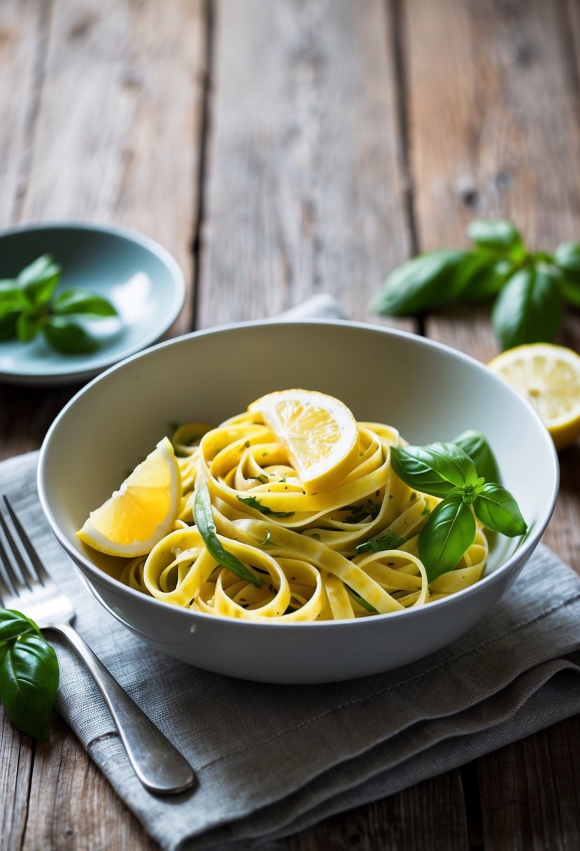 A bowl of lemon basil tagliatelle with fresh basil and lemon slices on a rustic wooden table