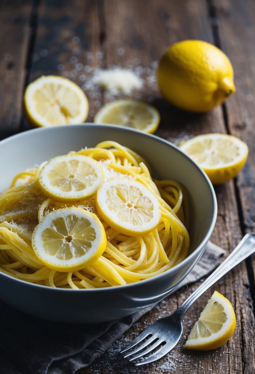 A bowl of tangy lemon parmesan pasta with fresh lemon slices and grated parmesan on a rustic wooden table