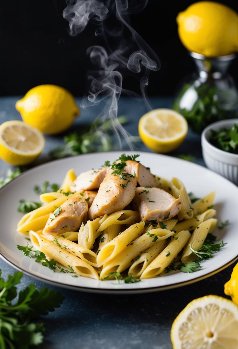 A steaming plate of bright yellow lemon penne topped with tender pieces of chicken, surrounded by fresh lemon slices and herbs