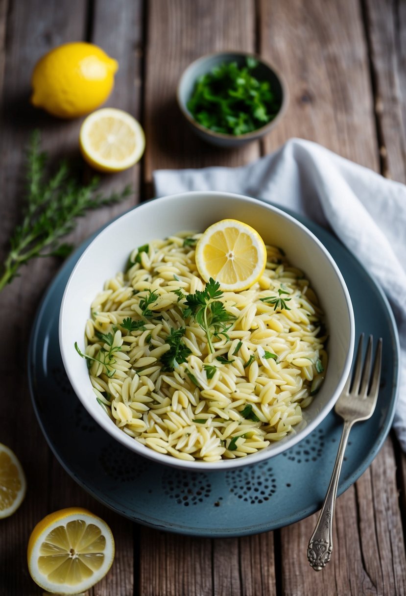 A bowl of orzo pasta with fresh herbs and lemon slices on a rustic wooden table