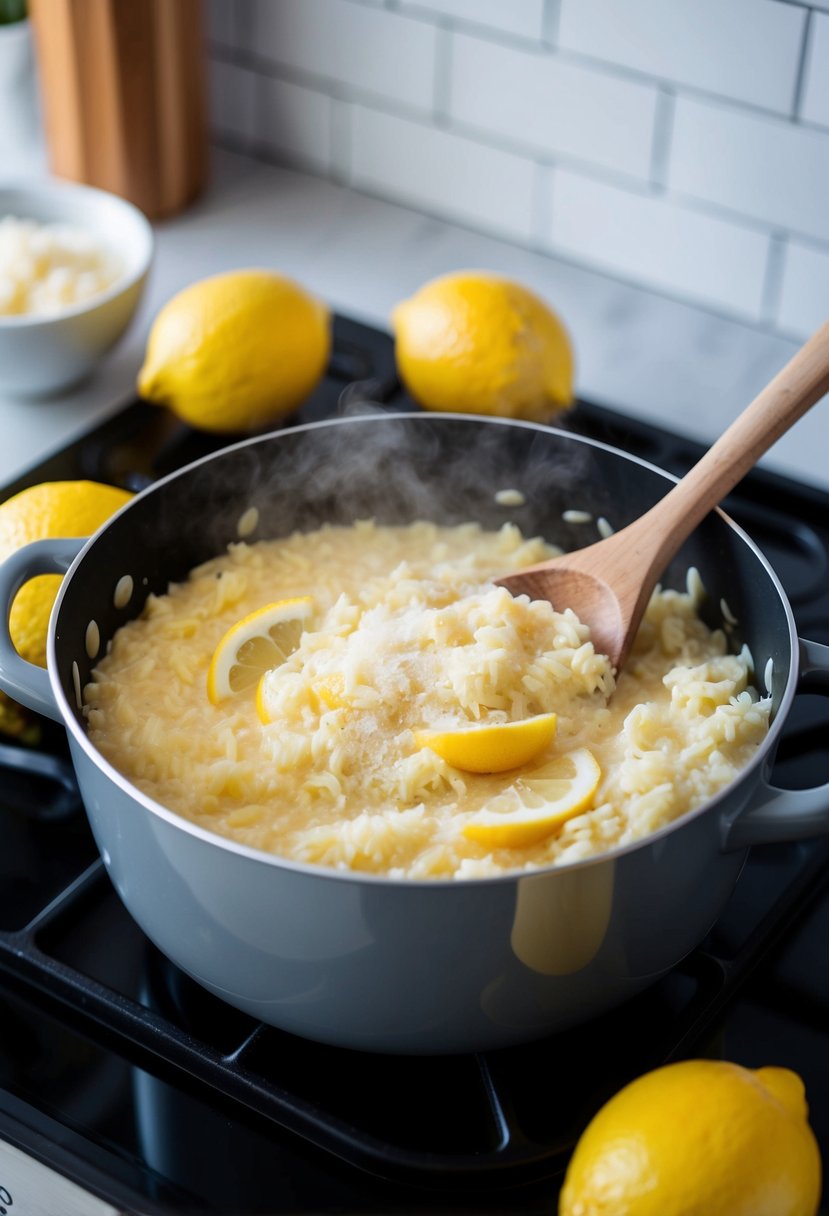 A steaming pot of creamy lemon risotto simmering on a stovetop, surrounded by fresh lemons, a wooden spoon, and a sprinkle of grated parmesan cheese